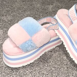 UGG Fluffy Pink and Blue Disco Checkered Pride Platform Slides
